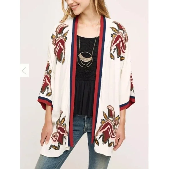 Elevenses Anthropologie Kimono Jacket Embroidered Floral Boho Festival One Size - Picture 1 of 15